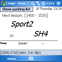 electronic timetable - main screen of Help! on a pocket pc