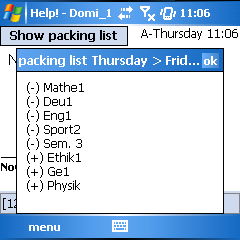 view of the packing list in a seperate window by clicking on "Show packing list" (main screen)